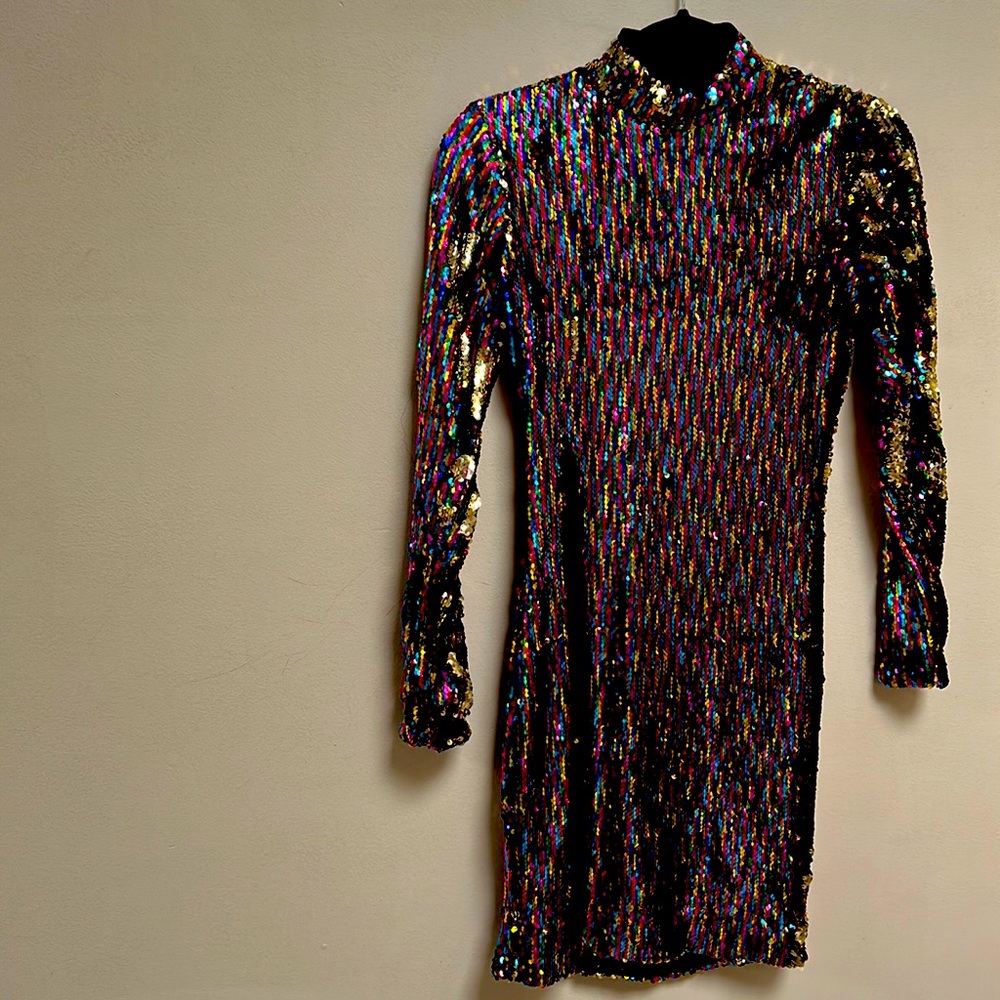 Sexy Body Fitting- Multi-Colored- Mini High Neck- Sequin Dress
